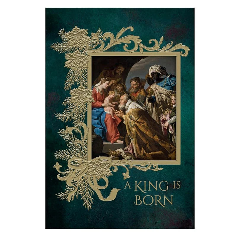 Adoration of the Magi A King Is Born Christmas Card with gold foil embossed Catholic artwork.