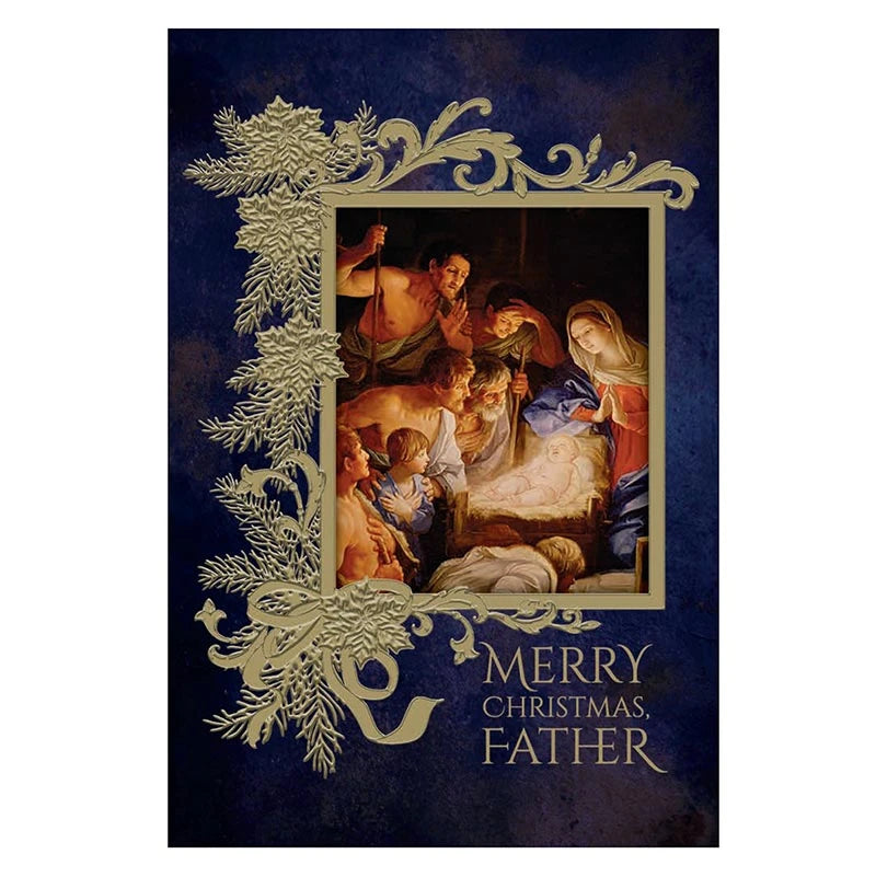 Adoration of the Shepherds Priest Christmas Card with gold foil embossed Catholic Nativity artwork.