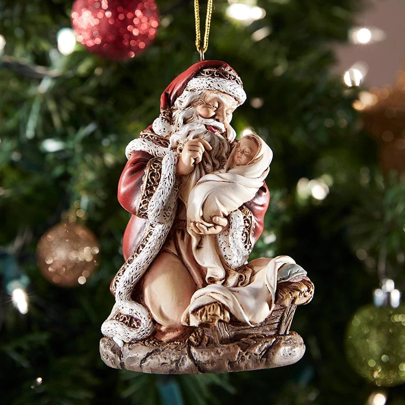 Adoring Santa with Baby Jesus ornament for Christmas trees, mantels, shelves, and faith-centered holiday décor.