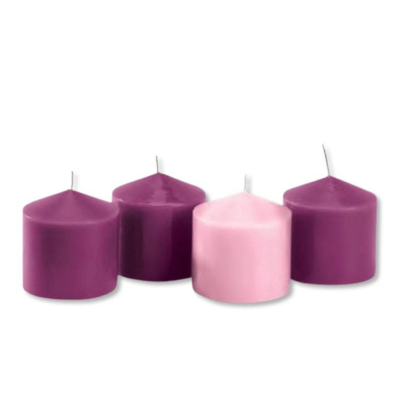 Advent Pillar Candle Set with three purple candles and one pink candle for Catholic Advent wreaths and seasonal prayer.