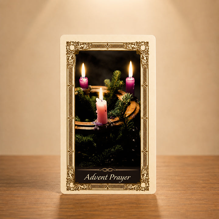 Advent Prayer Kilgarlin Laminated Prayer Card featuring a traditional Advent wreath with lit candles and ornate gold accents for Catholic Advent devotion.