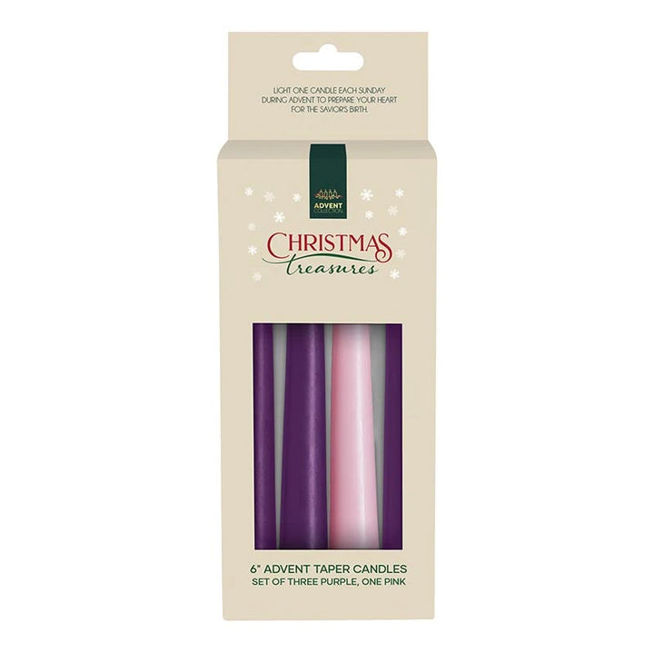 Catholic Advent taper candle set of four made from paraffin and palm wax for church, home, and seasonal prayer.