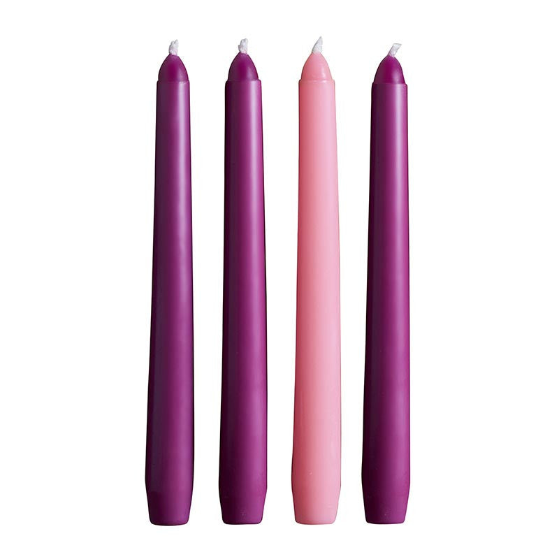 6 inch Advent Taper Candle Set with three purple candles and one pink candle for Catholic Advent wreaths.