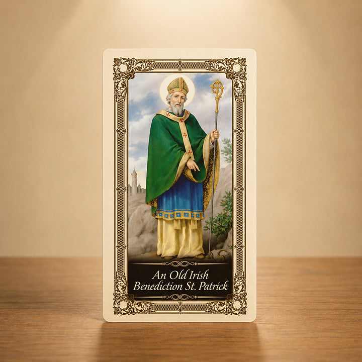 An Old Irish Benediction St. Patrick Kilgarlin Laminated Prayer Card featuring St. Patrick with ornate gold accents for Catholic gifts and Irish devotion.