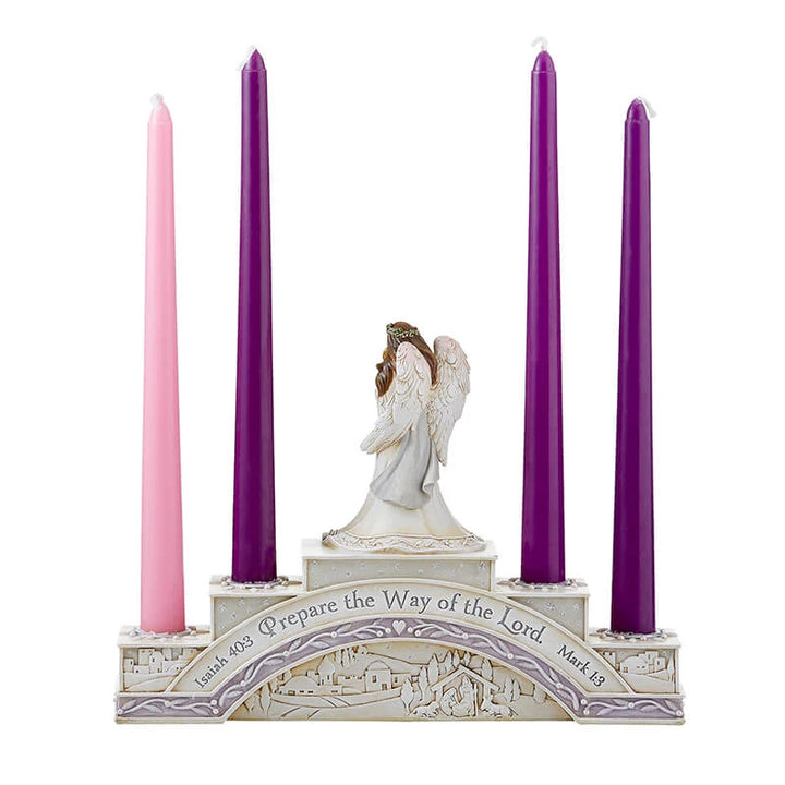 Catholic Advent candleholder in resin with angel holding Baby Jesus for home prayer, Christmas décor, and reflection.
