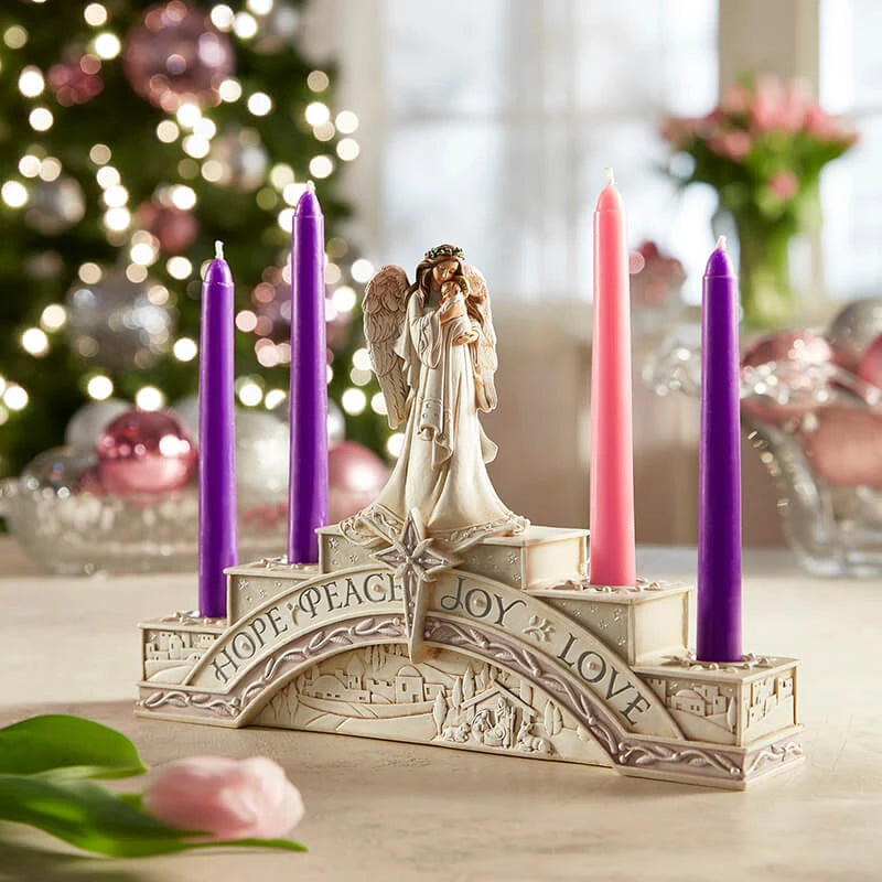 Tiered Angel Advent Candleholder measuring 10.25 inches wide for Catholic families, home altars, and seasonal gifting.