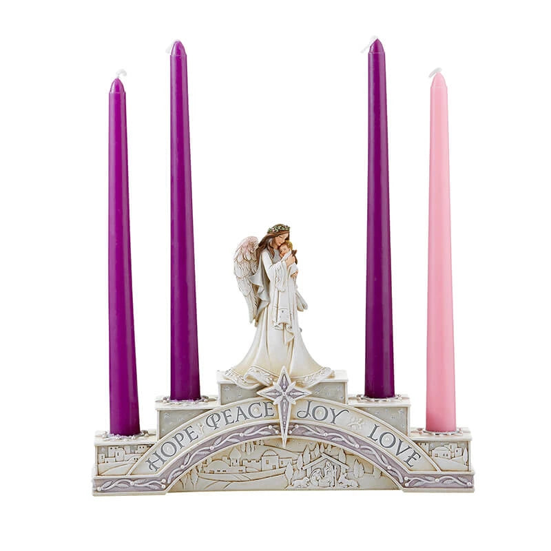 Angel Advent Candleholder with Baby Jesus featuring four candle holders and the words Hope Peace Joy Love.