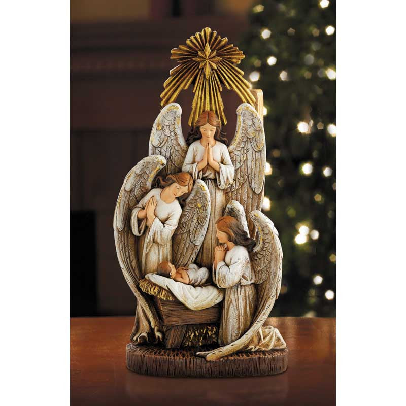 Catholic stoneresin Nativity statue featuring angels gathered around the Christ Child in the manger.