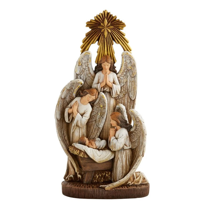 13 inch Angels in Adoration Figurine by Avalon Gallery with three angels surrounding Baby Jesus.