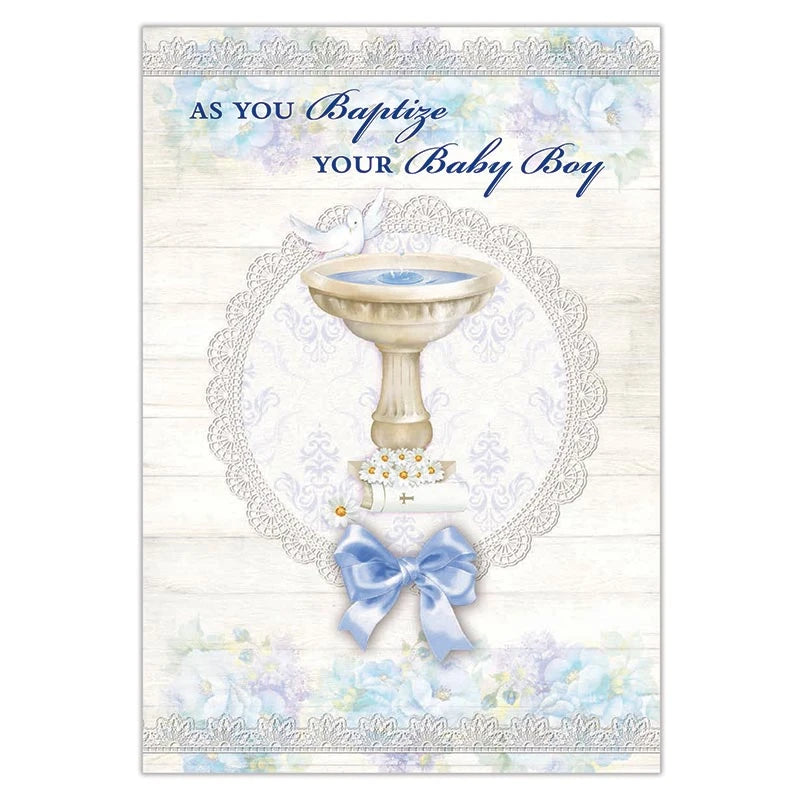 As You Baptize Your Baby Boy Card with silver foil embossed design and Catholic Baptism message welcoming a baby into the Good Shepherd’s fold.