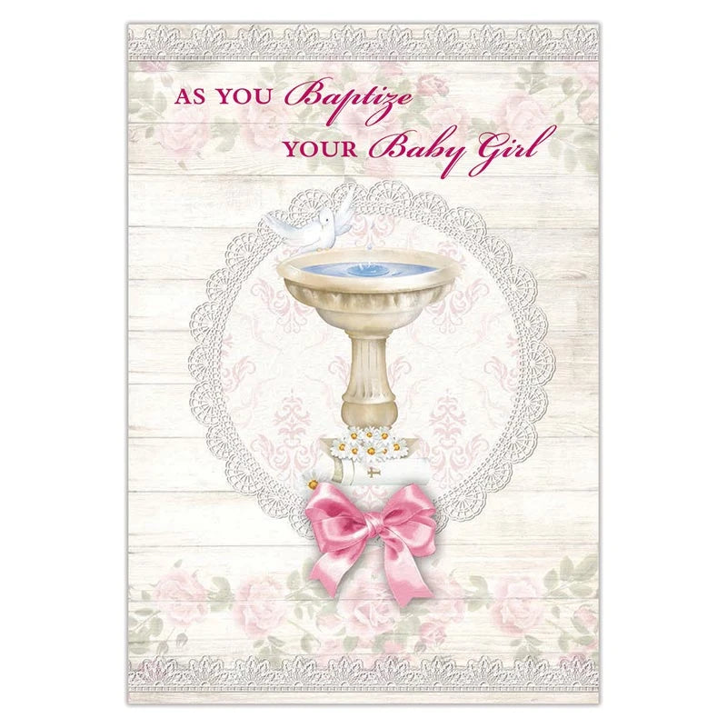 As You Baptize Your Baby Girl Card BAP53075 featuring silver foil embossed cardstock and a religious Baptism blessing.