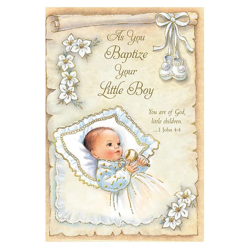 As You Baptize Your Little Boy Card with gold foil embossed design and Catholic blessing for a baby boy Baptism or christening.