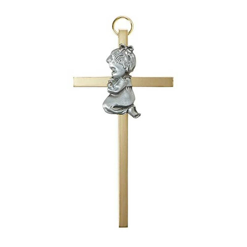 4.25-inch gold-plated brass cross with antique pewter emblem for baby girl Baptism gift