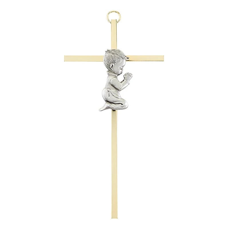 Baby boy cross with brass finish and pewter baby boy emblem