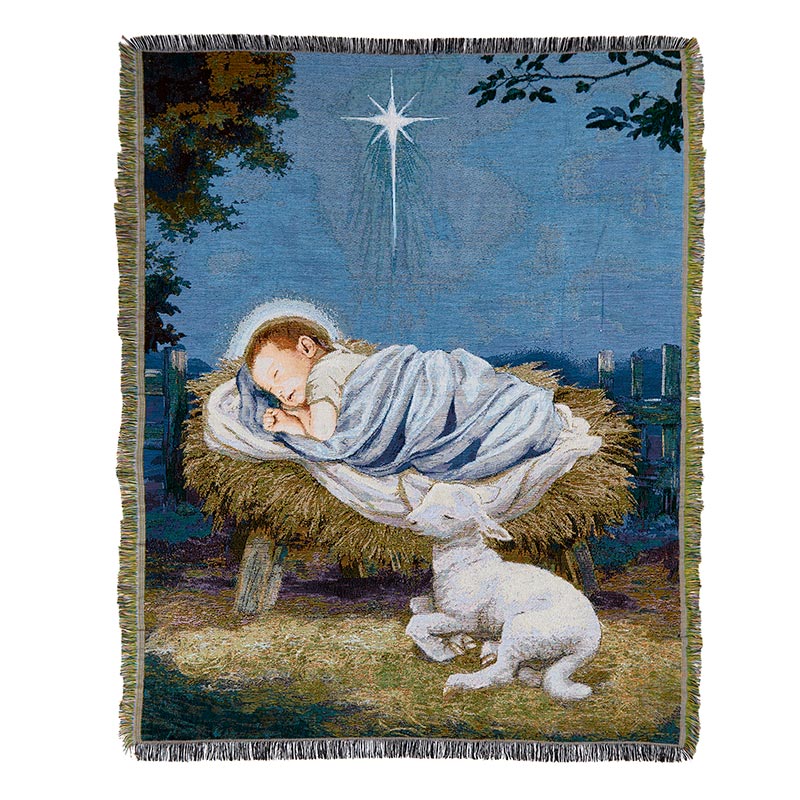Baby Jesus with Lamb Nativity Tapestry Throw Blanket ShopCatholic