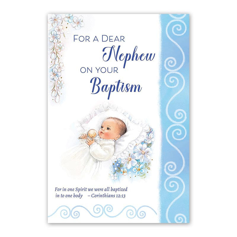 Baptism card for nephew with Catholic artwork gold foil and Bible verse