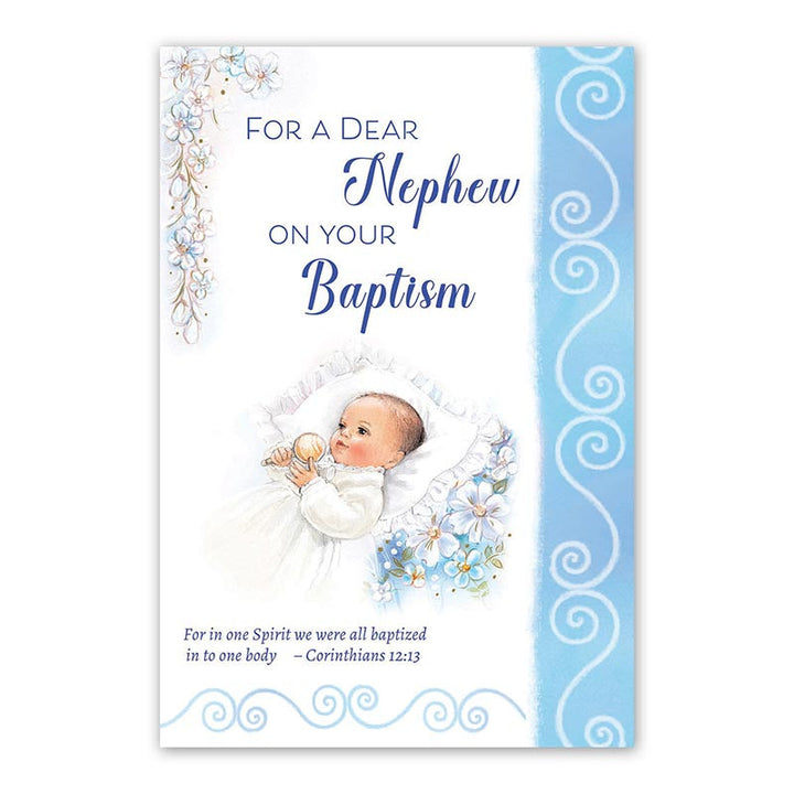 Baptism card for nephew with Catholic artwork gold foil and Bible verse