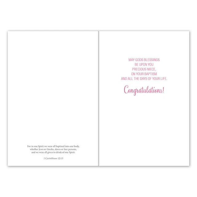 Baptism card for niece with Catholic artwork gold foil and Bible verse
