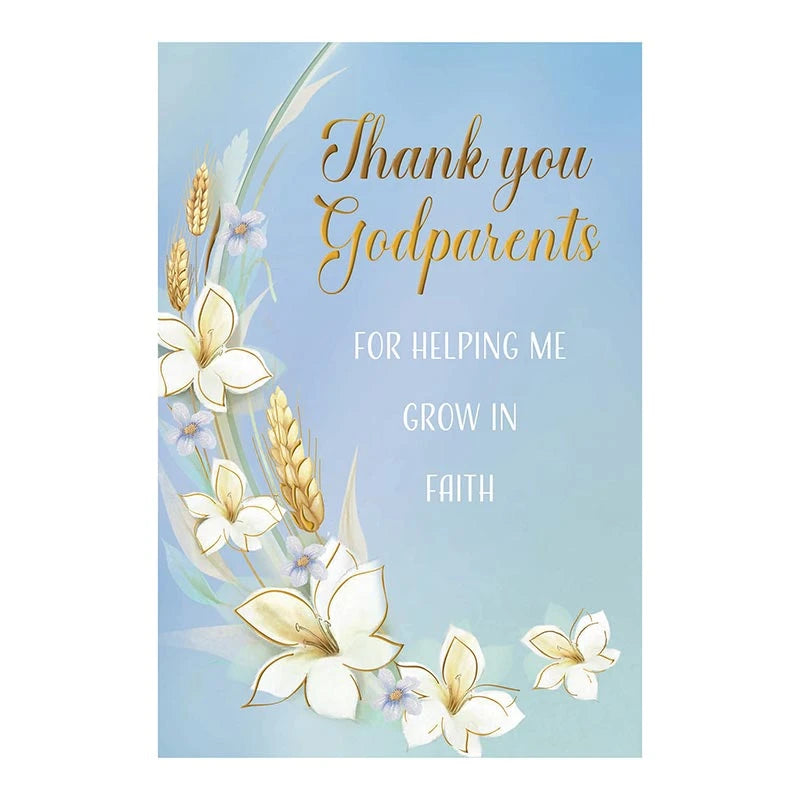 Baptism thank you card for godparents with dove Catholic artwork and gold foil accents