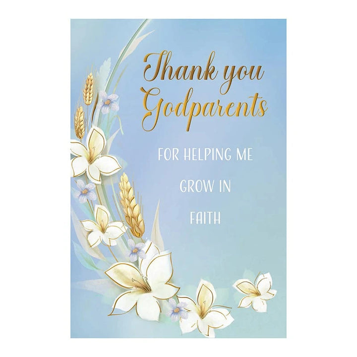Baptism thank you card for godparents with dove Catholic artwork and gold foil accents