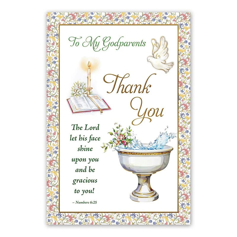 Baptism thank you card for godparents with floral Catholic artwork and gold foil accents