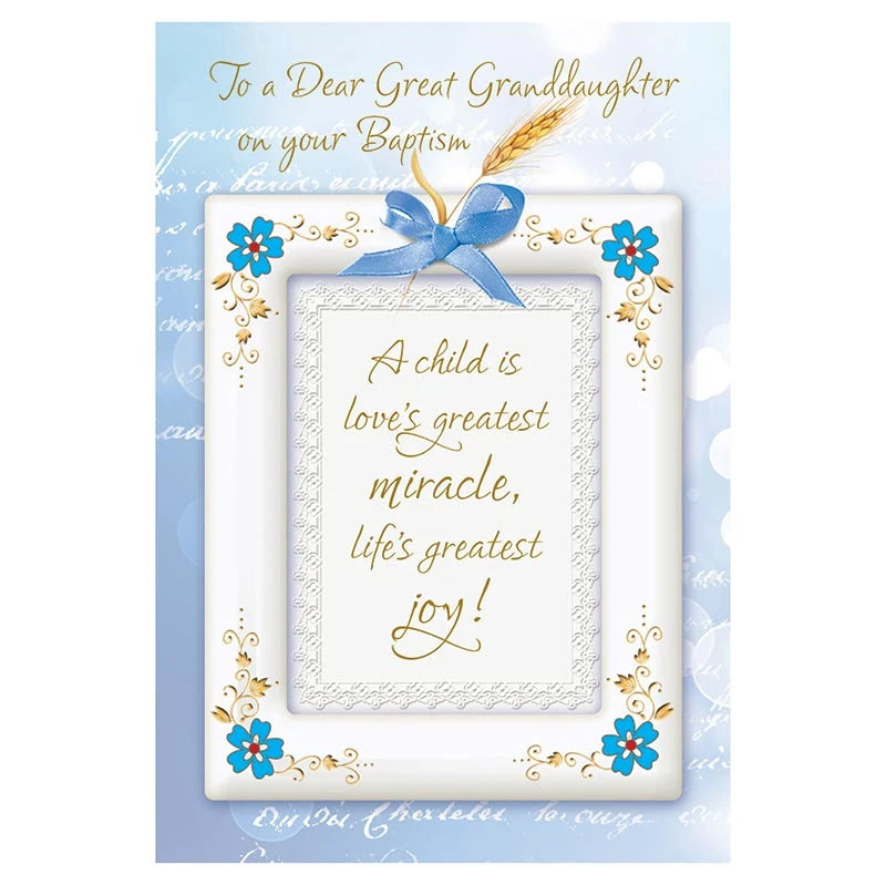 Baptism card for great granddaughter with gold foil embossed Catholic design