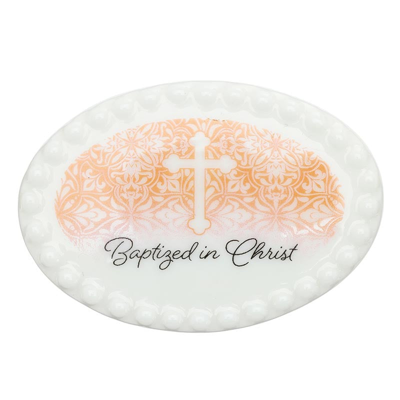 Baptism keepsake gift set for girls with stainless steel rosary and ceramic rosary box