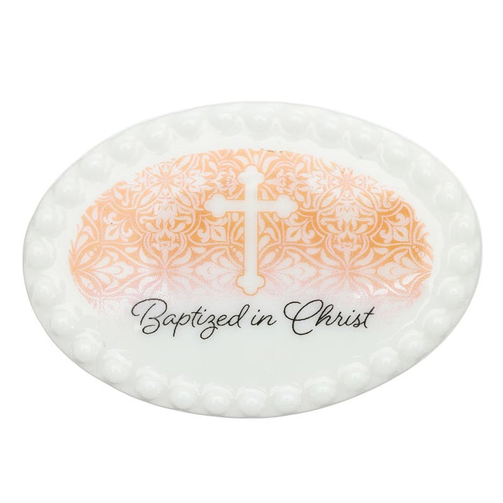 Baptism keepsake gift set for girls with stainless steel rosary and ceramic rosary box