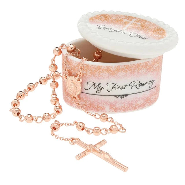 Baptism keepsake gift set for girls with stainless steel rosary and ceramic rosary box