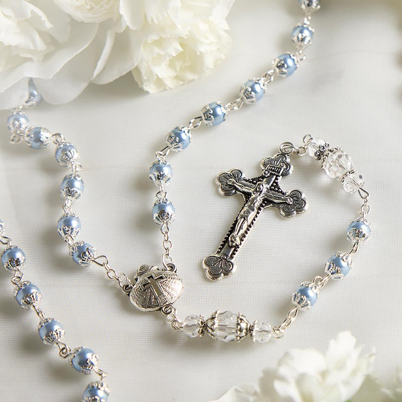 Baptism rosary gift set for boys with pearl glass beads, crystal accents and velvet pouch