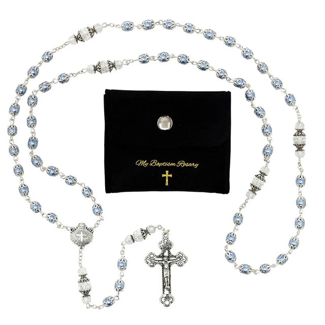 Baptism rosary gift set for boys with pearl glass beads, crystal accents and velvet pouch