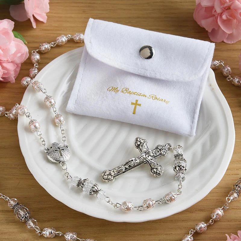 Baptism rosary gift set for girls with pearl glass beads, crystal accents and velvet pouch