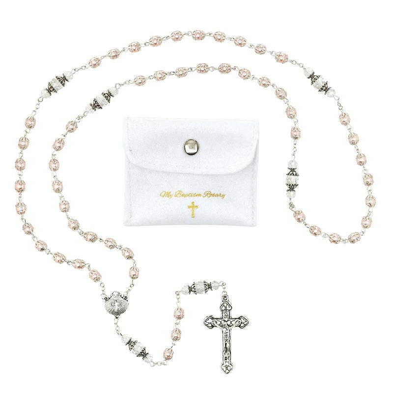 Baptism rosary gift set for girls with pearl glass beads, crystal accents and velvet pouch