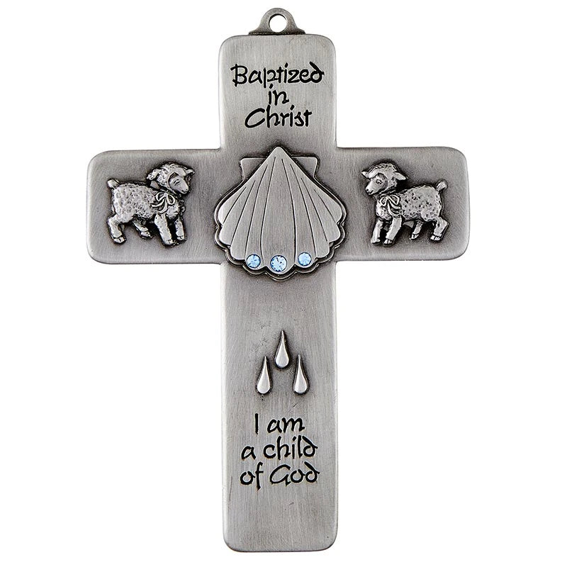 Blue Baptized in Christ pewter cross for boy with crystal accents and engraved faith message