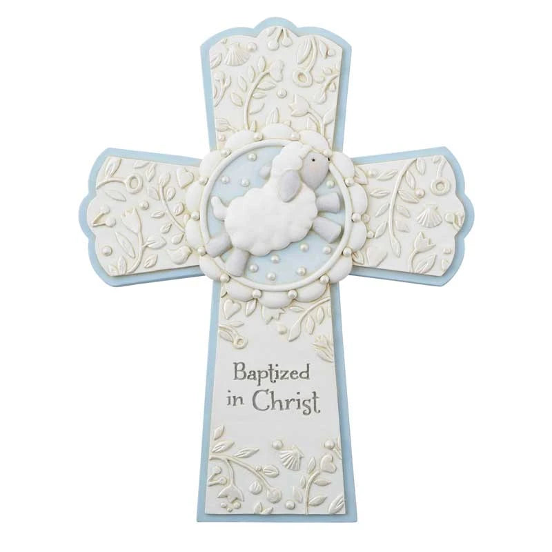 Blue Baptized in Christ cross for baby boy with sheep design and pearlized details