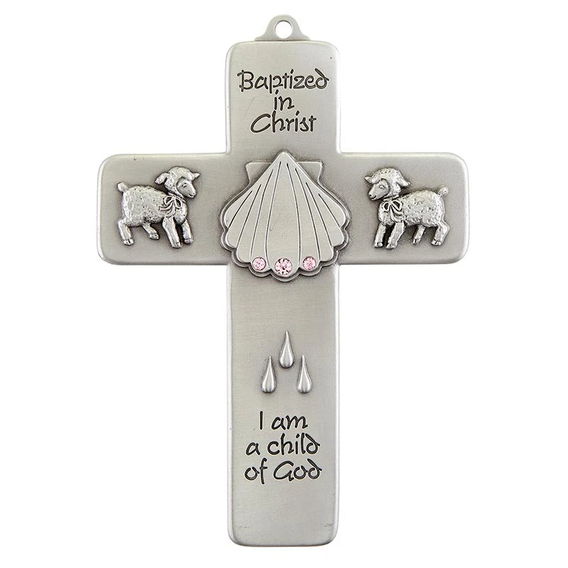 Pink Baptized in Christ pewter cross for girl with crystal accents and engraved faith message
