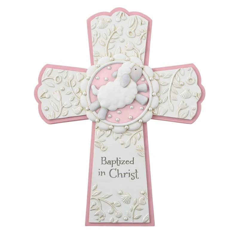Pink Baptized in Christ cross for baby girl with sheep design and pearlized details