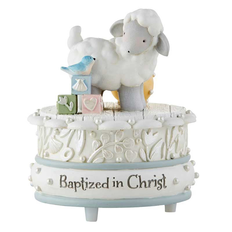 Baptized in Christ musical sheep figurine with pink blue details playing Brahms Lullaby