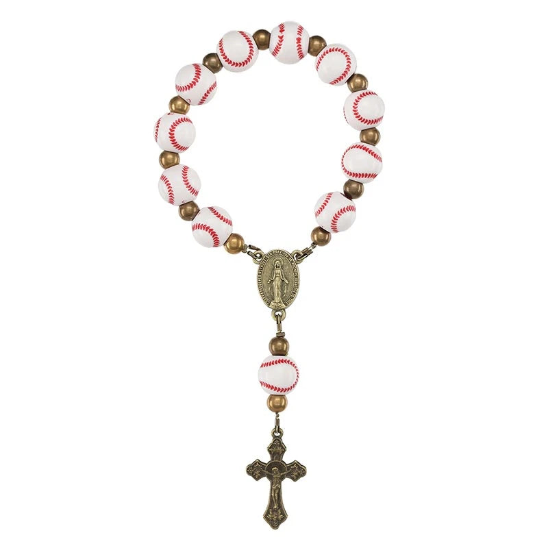 Baseball One Decade Rosary with 10 mm baseball beads, cord construction, and crucifix for Catholic players and sports prayer.