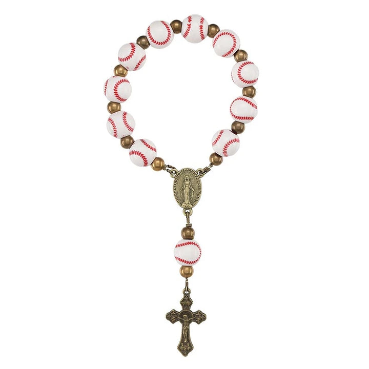 Baseball One Decade Rosary with 10 mm baseball beads, cord construction, and crucifix for Catholic players and sports prayer.