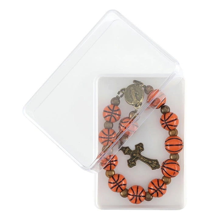 Basketball One Decade Rosary with 10 mm basketball beads, and crucifix for Catholic players and sports prayer.