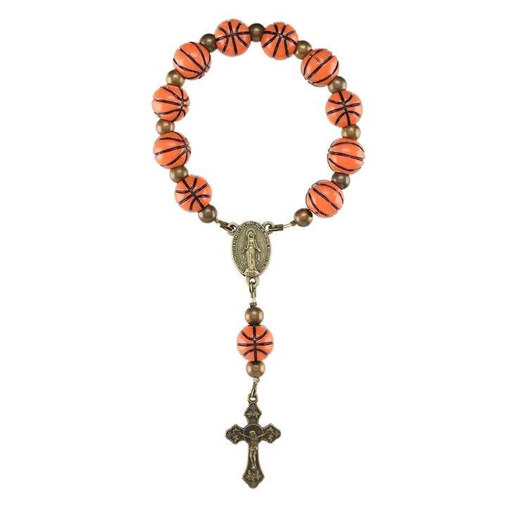 Basketball One Decade Rosary with 10 mm basketball beads, cord construction, and crucifix for Catholic players and sports prayer.