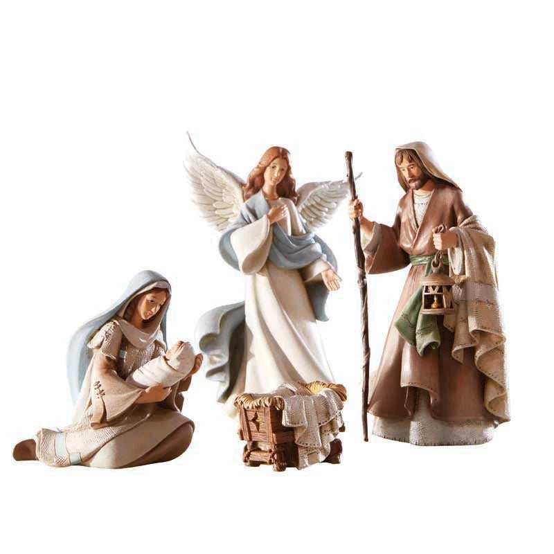 Bethlehem Nights Holy Family and Angel 4-piece Nativity set by Avalon Gallery with detailed resin figures.