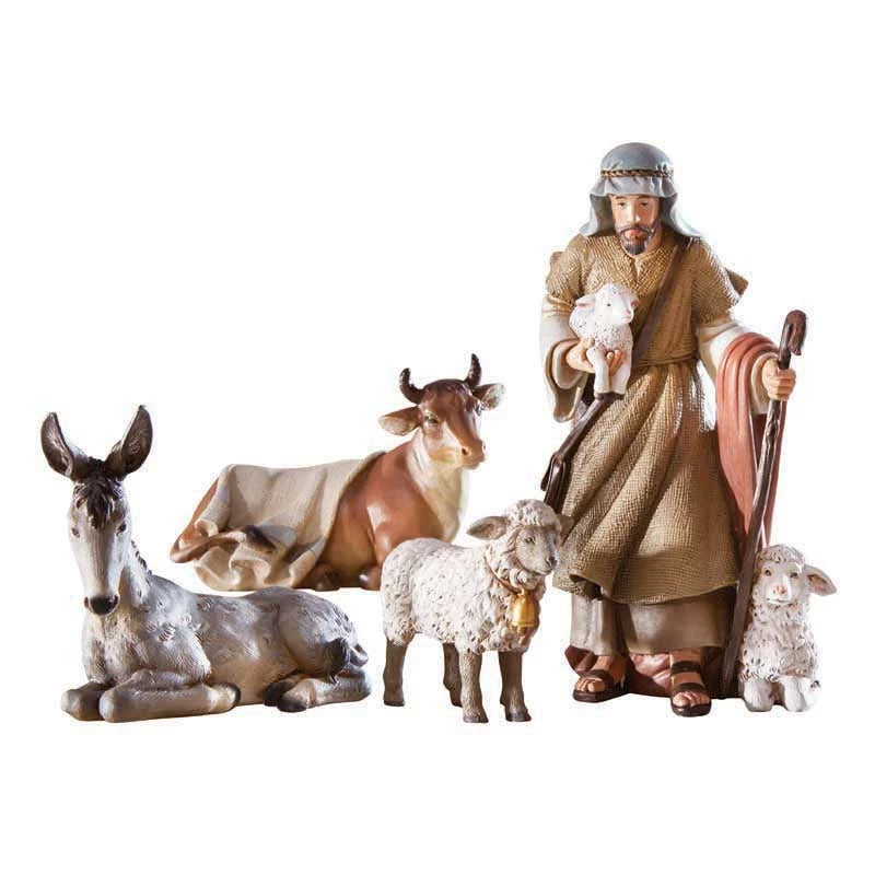 Bethlehem Nights Shepherd and Animals 4-piece Nativity set by Avalon Gallery crafted from detailed resin.