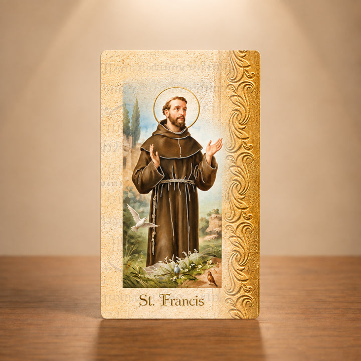 Saint Francis of Assisi Catholic biography card with Fratelli Bonella gold stamped artwork