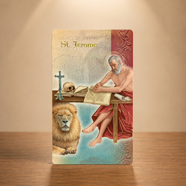 Saint Jerome Catholic biography card with Fratelli Bonella gold stamped artwork