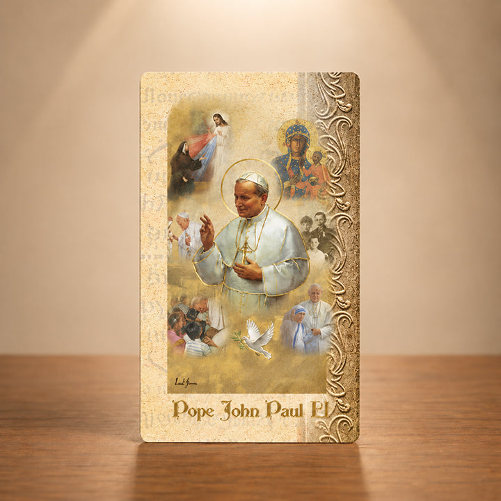 Saint John Paul II Catholic biography card with Fratelli Bonella gold stamped artwork