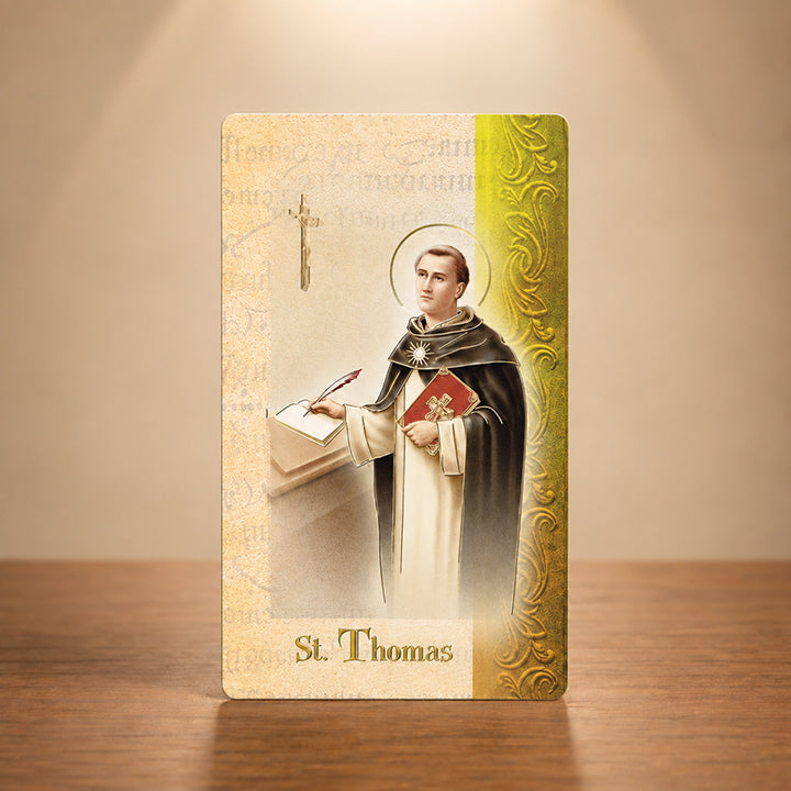 Saint Thomas Aquinas Catholic biography card with Fratelli Bonella gold stamped artwork