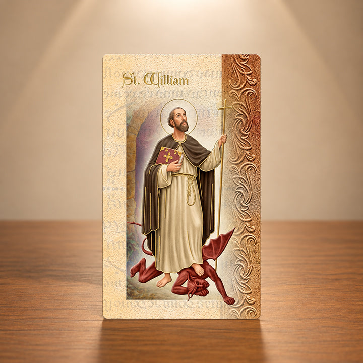 Saint William Catholic biography card with Fratelli Bonella gold stamped artwork