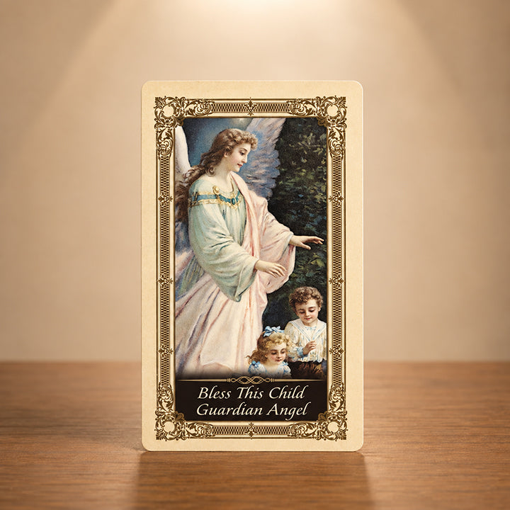 Bless This Child Guardian Angel prayer card with angel watching over children Catholic artwork